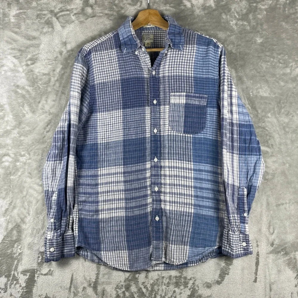 J. Crew Button Down Shirt Mens M Blue Plaid Slim Fit 100% Linen Long Sleeve
